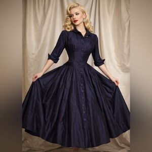 Vtg 1950s L’Aiglon Silk Rayon Shirtwaist Dress Navy Full Skirt XS Mad Men *Read